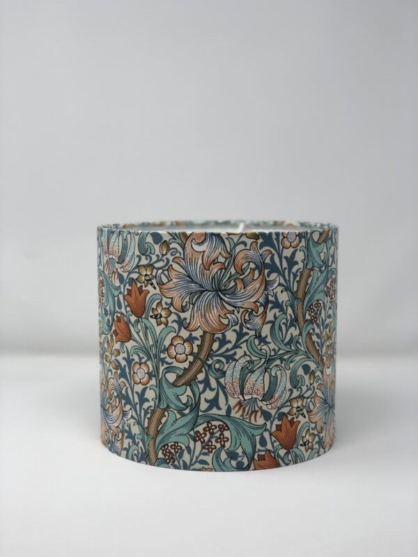 William Morris Orange & Teal Golden Lily 35cm Silver Mirror drum lampshade