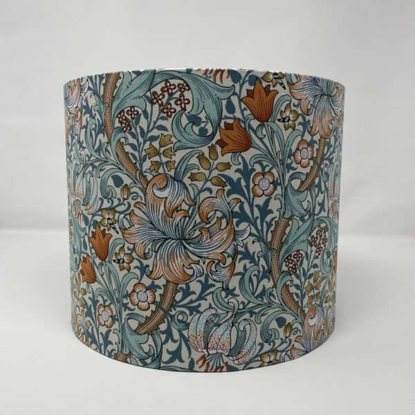 William Morris Orange & Teal Golden Lily 35cm Silver Mirror drum lampshade