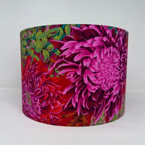 Japanese chrysanthemum drum lampshade in scarlet fabric by Fait par Moi