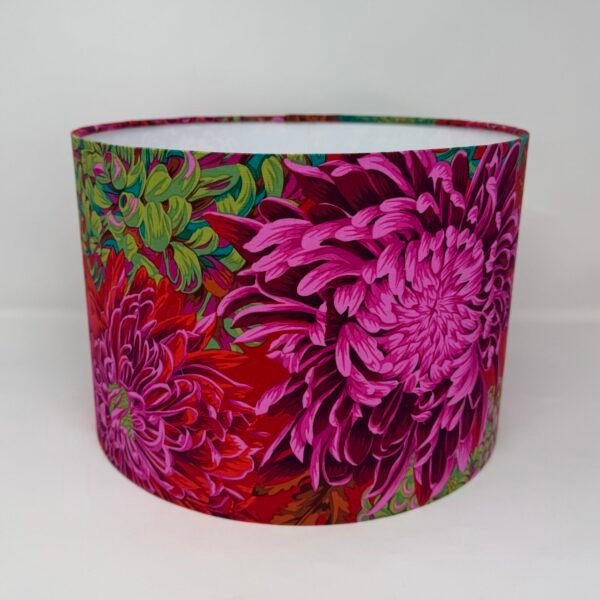 Japanese chrysanthemum drum lampshade in scarlet fabric by Fait par Moi 2