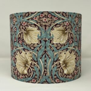Handmade teal and plum lampshade featuring the William Morris Pimpernel floral pattern by Fait Par Moi.