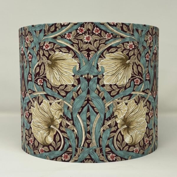 Handmade teal and plum lampshade featuring the William Morris Pimpernel floral pattern by Fait Par Moi.