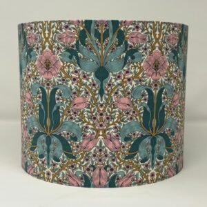 Handmade teal lampshade featuring the William Morris Spring Thicket floral pattern by Fait Par Moi.