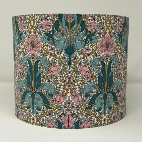 Handmade teal lampshade featuring the William Morris Spring Thicket floral pattern by Fait Par Moi.